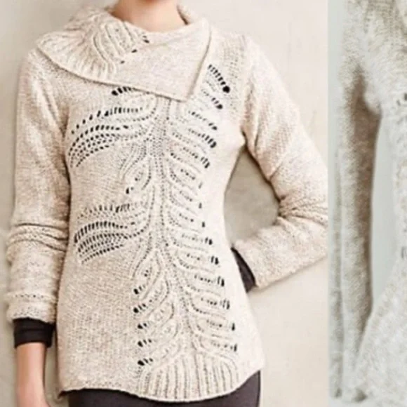 Anthropologie Moth Fern Chunky Knit Sweater Asymmetrical Oatmeal Tan Medium - Picture 1 of 4